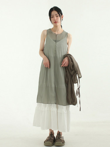 国内现货！see-through sleeveless midi ops纯色透视无袖连衣裙
