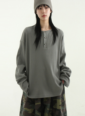 韩国代购 hand warmer button neck waffle tee(unisex)半开长袖T