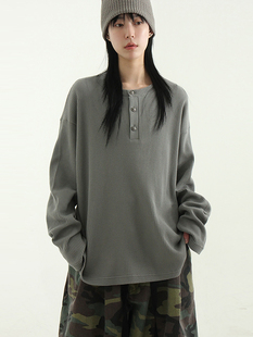 button neck 半开长袖 hand unisex warmer tee 韩国代购 waffle