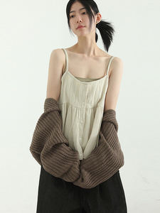 韩国代购23F/W pleated flare sleeveless top 褶皱系扣吊带上衣