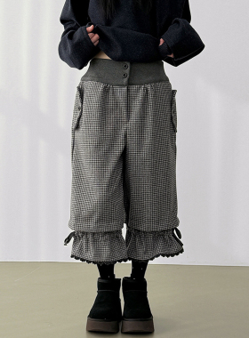 韩国代购26 check lace frill cropped banding pants 格子7分裤