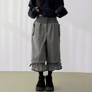 韩国代购26 check lace frill cropped banding pants 格子7分裤