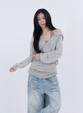 lowear韩代 linen knit hood zip up 设计师款长袖针织衫卫衣女