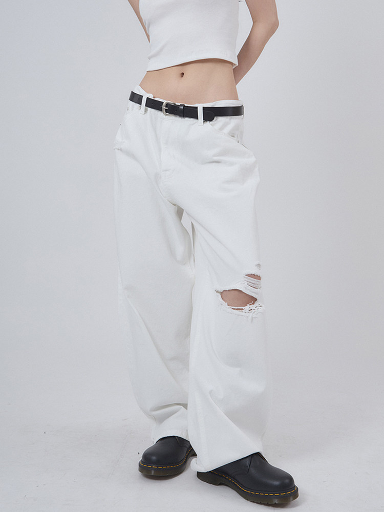 Raucohouse韩代破洞白色牛仔裤