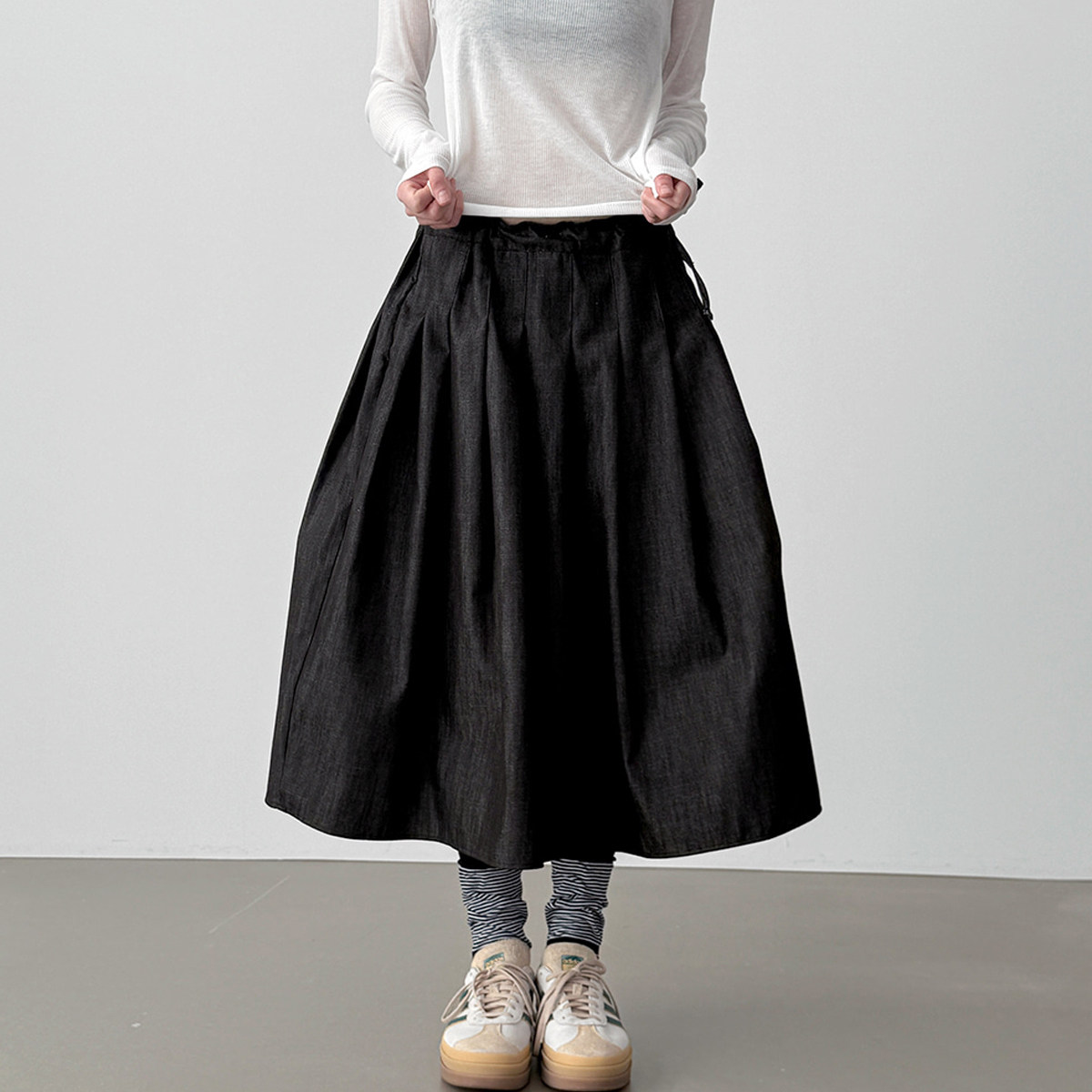 韩国代购26A/W pleated string denim skirt 抽绳牛仔半身裙百搭