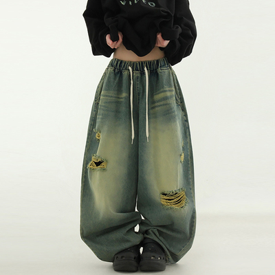 Localmansion韩代抽绳宽松牛仔裤