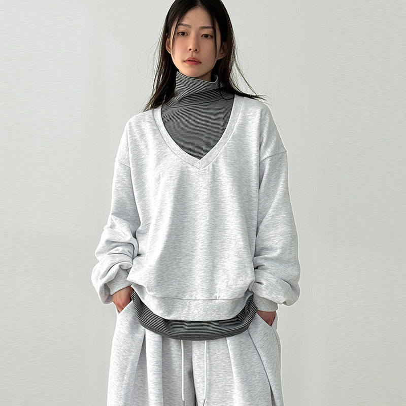 韩国代购25F/W back ribbon deep V neck mtm 设计师V领长袖卫衣