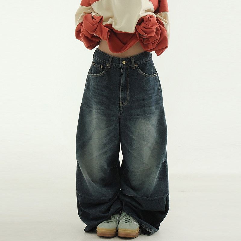 韩国代购24 dark blue damage knee tuck wide jean 后破洞牛仔裤