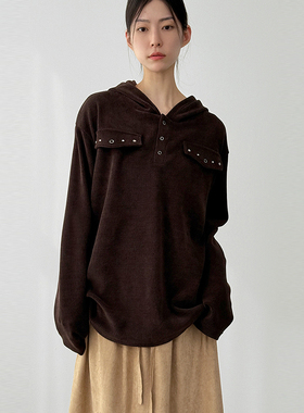 韩国代购25F/W button neck velour stud hoody 系扣铆钉连帽上衣