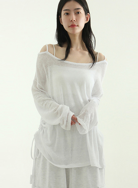韩国代购25 shoulder string boat neck linen tee 半透长袖T恤