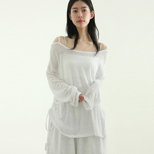 韩国代购25 shoulder string boat neck linen tee 半透长袖T恤