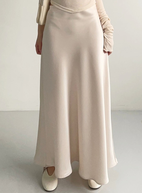 adelio韩代slim flare satin maxi skirt纯色喇叭缎面抽绳半身裙