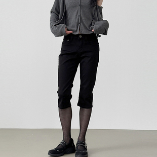 韩国代购25F/W cotton capri pants 设计师款修身黑色半腿裤百搭