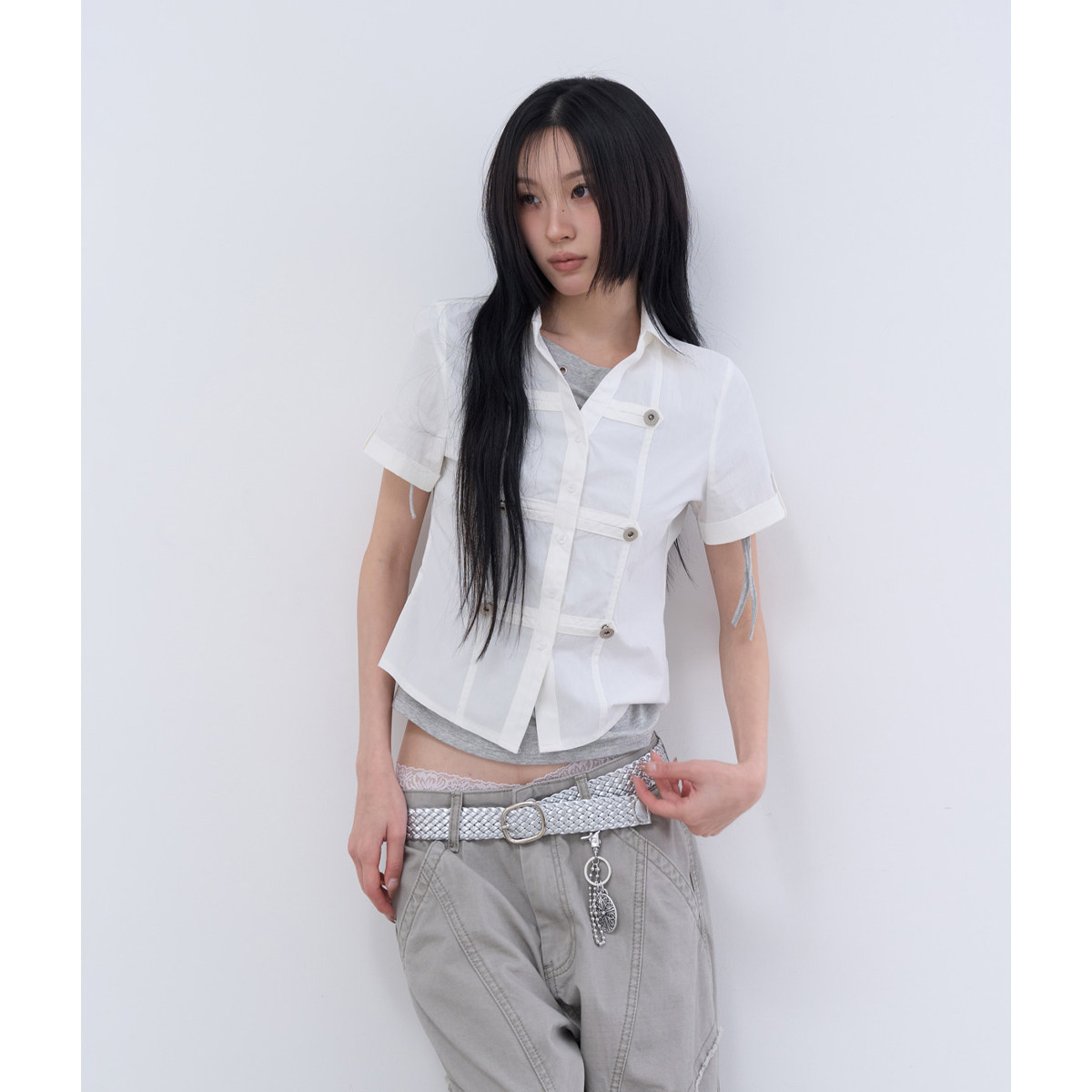 lowear韩代 structured button crop shirts设计师款复古短袖衬衫