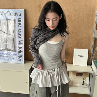 韩国代购25A/W string halter neck sleeveless cotton top 背心