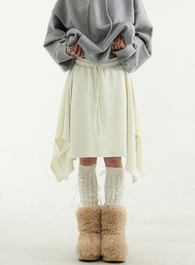 韩国代购24A/W unbalanced embo flare midi skirt不规则下摆中裙