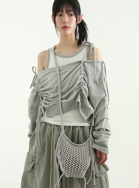 韩国代购24A/W off shoulder shirring cotton mtm堆堆袖抽绳卫衣