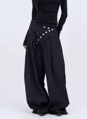 lowear韩代 cutting snap belt maxi slacks 毛边腰带西装长裤女