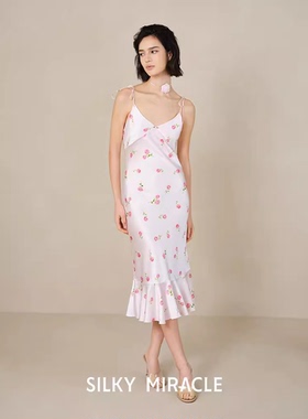 SILKY MIRACLE真丝吊带London Rose白色玫瑰花桑蚕丝鱼尾性感睡裙