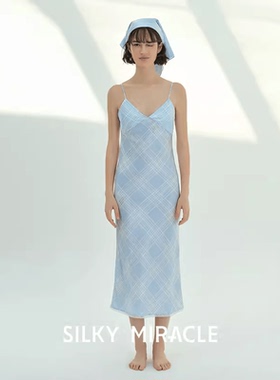 SILKY MIRACLE真丝方巾FREE系列蓝色格纹桑蚕丝多用头巾丝巾女士