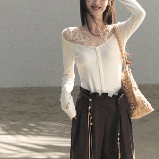 安静地生长 立体剪裁蕾丝花边v领修身针织开衫女掐腰上衣春日来杏