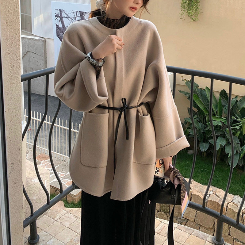 冬季新款毛呢外套气质港风显瘦中长款双面羊绒大衣女长袖港式系带