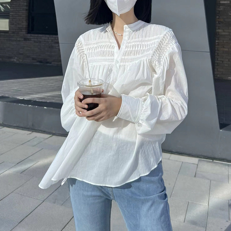 现货 白色法式长袖衬衫女夏薄款设计感宫廷风棉麻防晒上衣宽松女