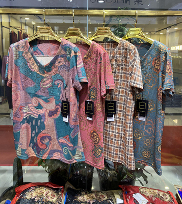 慕莲中老年夏装女新款洋气短袖大码针织碎花T恤杉妈妈款22018