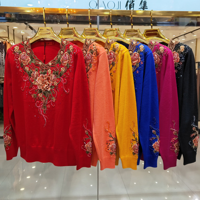 针织绣花中老年长袖羊毛衫