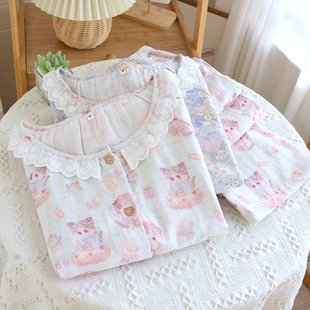 家居服套装 新品 长裤 长袖 女 纯棉纱布睡衣猫咪小熊清新圆领花边开衫