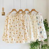 春秋纯棉绉布圆领女家居单品上衣夏双层棉纱休闲长袖 睡衣单件上衣