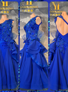 源美舞服拉丁舞比赛宝蓝色赛服专业表演恰恰伦巴花服