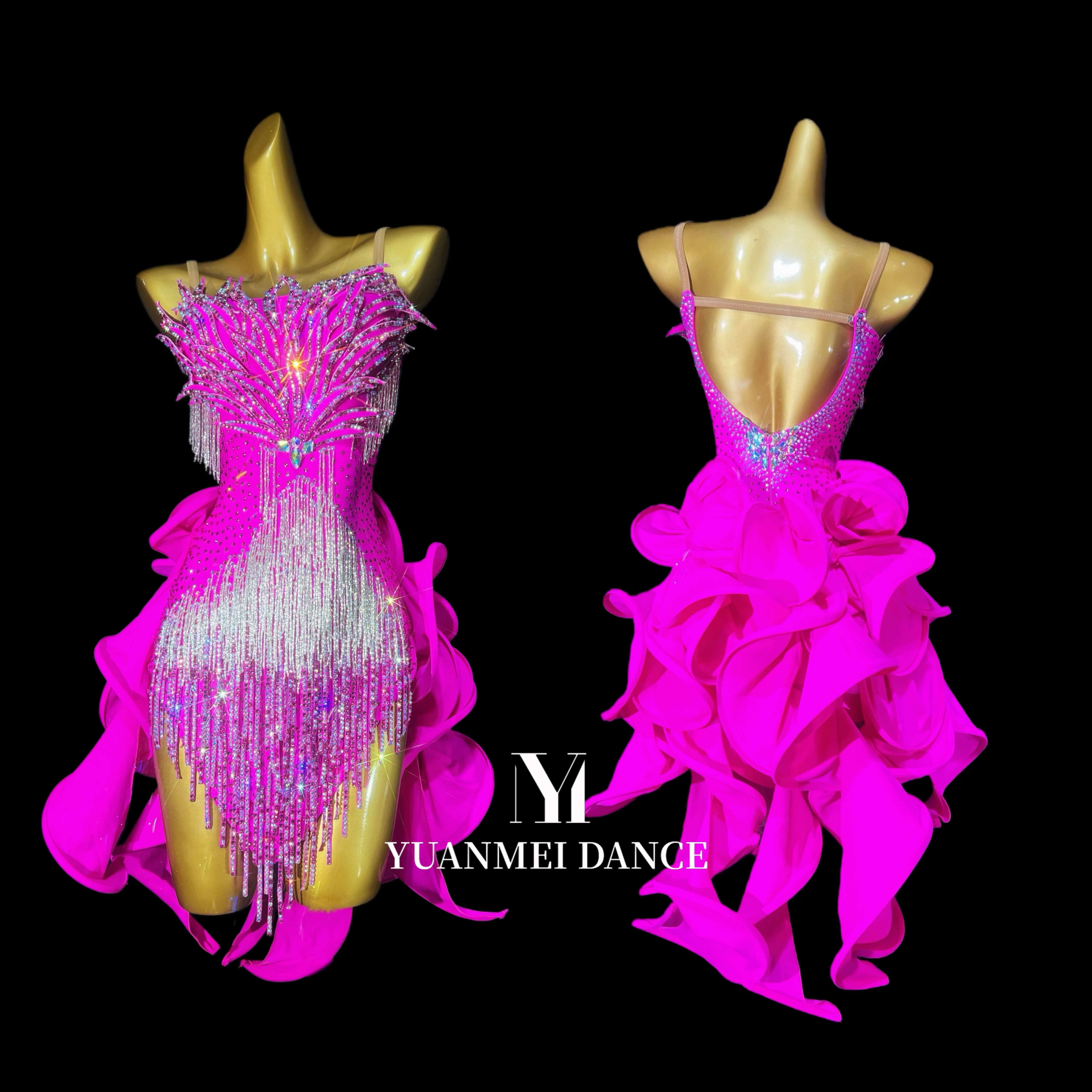 源美舞服 定制拉丁赛服成人新款黑池表演鸵鸟毛拉丁舞演出服赛服