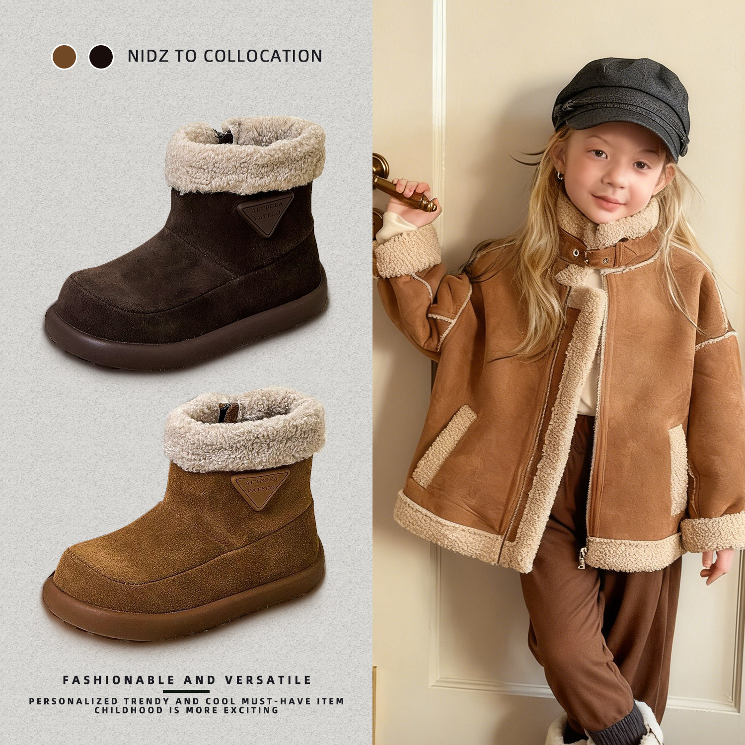 NIDZ儿童复古棉靴冬季加绒保暖短靴女童羊羔毛雪地靴男童真皮靴子,童鞋/婴儿鞋/亲子鞋,棉靴,淘宝优惠券,粉丝福利购,淘宝优惠卷