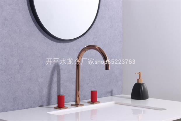 玫瑰金+红色双把三件套分体面盆龙头全铜浴室柜三孔龙头30550实拍