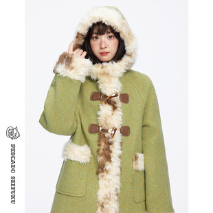 甜鱼少盐 牛角扣绿色大衣女冬加厚小个子羊毛毛呢外套 叶影青栖