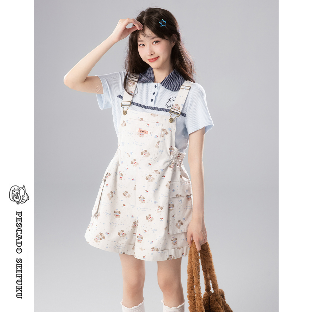 可爱小狗印花背带裤女夏连体短裤