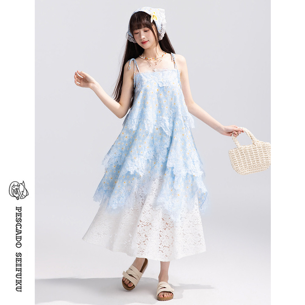 甜鱼少盐[花影晴空]法式浪漫度假风吊带连衣裙女夏小个子蛋糕裙子