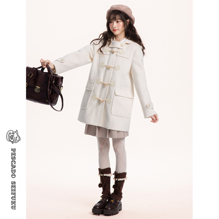 甜鱼少盐 [绪山]学院风牛角扣白色大衣女2025新款小个子羊毛外套
