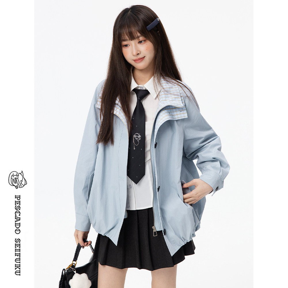 甜鱼少盐[颜欢]蓝色外套女春季2026新款小个子显瘦短款风衣夹克