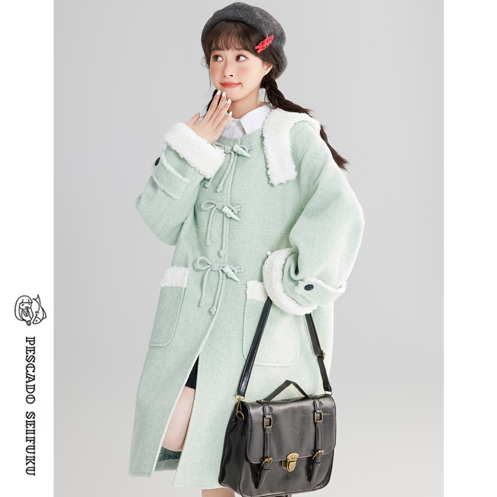 咸鱼衣橱[薄荷奶霜]甜美学院风大衣女冬季加厚小个子长款毛呢外套