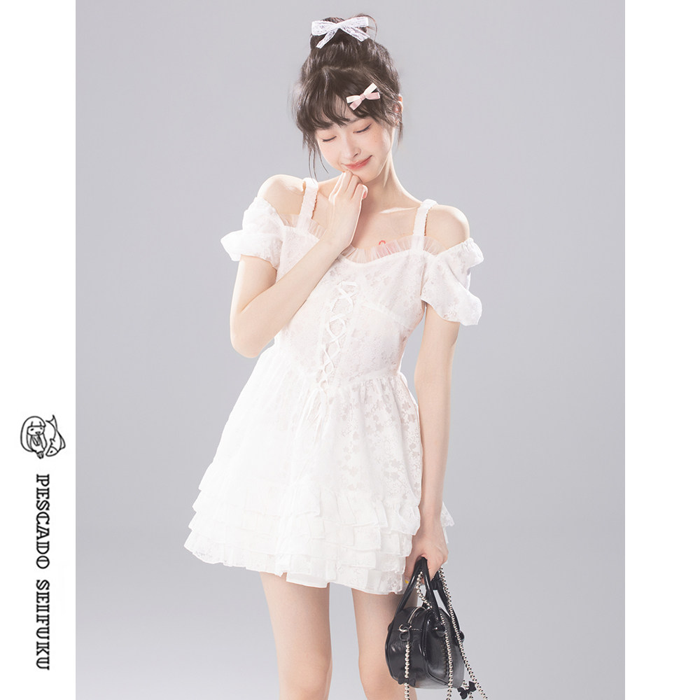 甜鱼少盐 芭蕾风白色一字肩连衣裙女夏甜美小个子仙女裙显瘦裙子