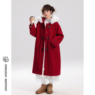 甜鱼少盐[红茶奶盖]过年穿搭牛角扣红色大衣女冬加厚新年毛呢外套
