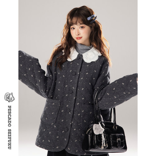 花瓣领薄款棉服女秋冬小个子外套