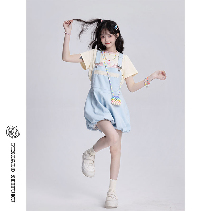 背带牛仔花苞裤女甜美可爱学院风