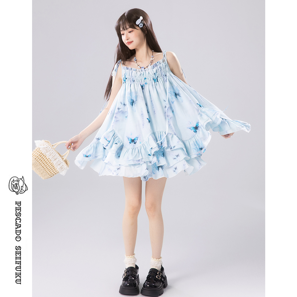 蓝色蝴蝶印花连衣裙套装女小个子