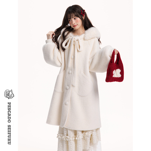 甜鱼少盐[雪球喵喵]白色大衣女2025新款冬加厚甜美小个子毛呢外套