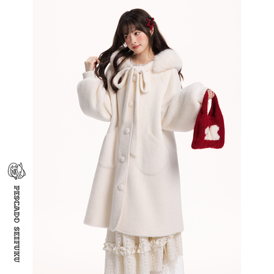 猫耳白色大衣女2025新款毛呢外套