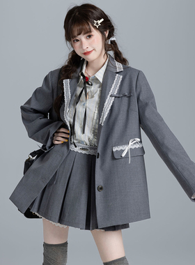 咸鱼衣橱 [ruby小姐]学院风蕾丝西装外套套装女春秋小个子两件套