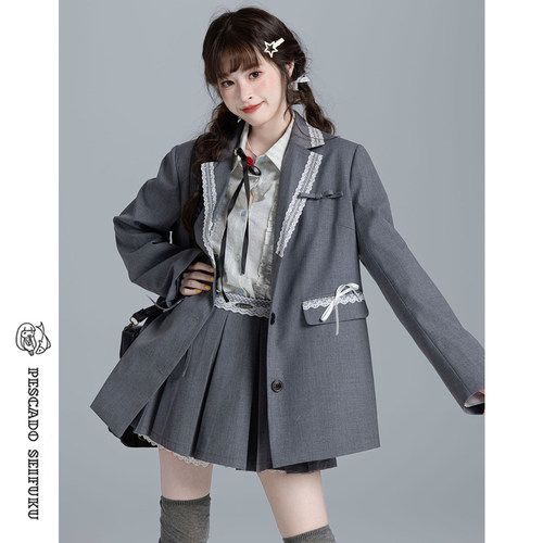 甜鱼少盐 [ruby小姐]学院风蕾丝西装外套套装女春秋小个子两件套